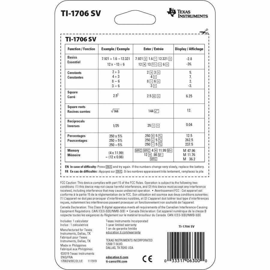 Texas Instruments TI-1706 SV Simple Calculator 1706SV/TBL/2L1