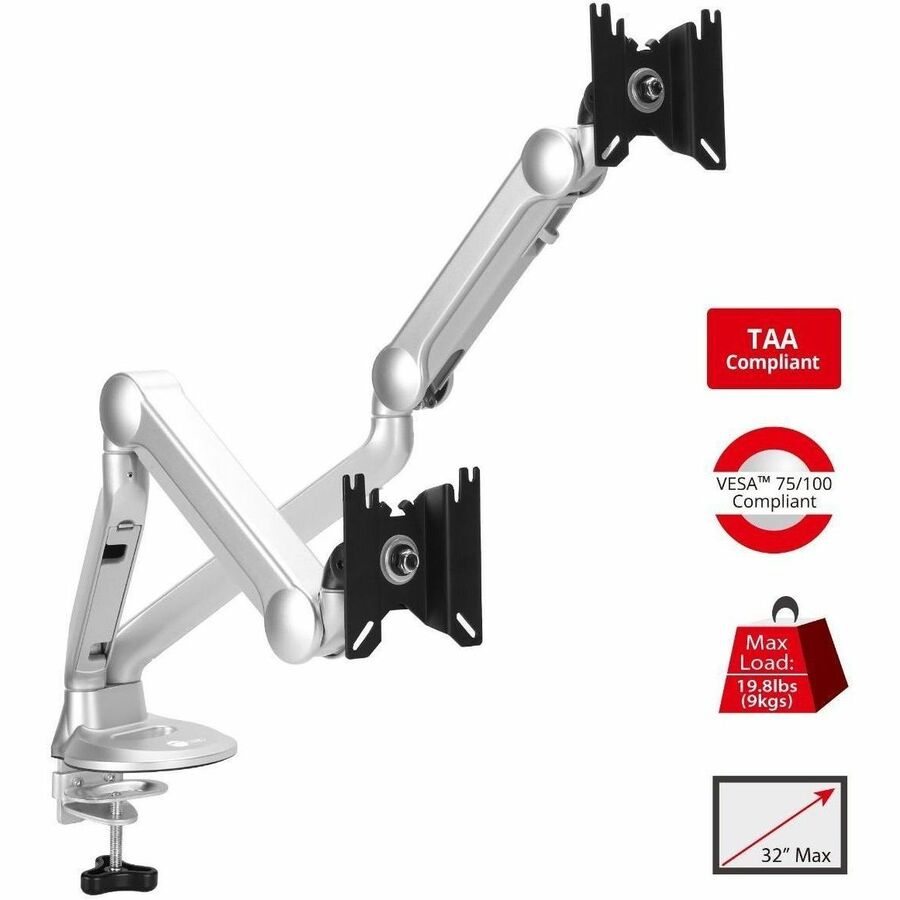 SIIG MTPRO Desk Mount Dual Gas Spring Monitor Arm - up to 32" Display - Max. Load 19.8 lbs - VESA 75 & 100mm CE-MT3X11-S1
