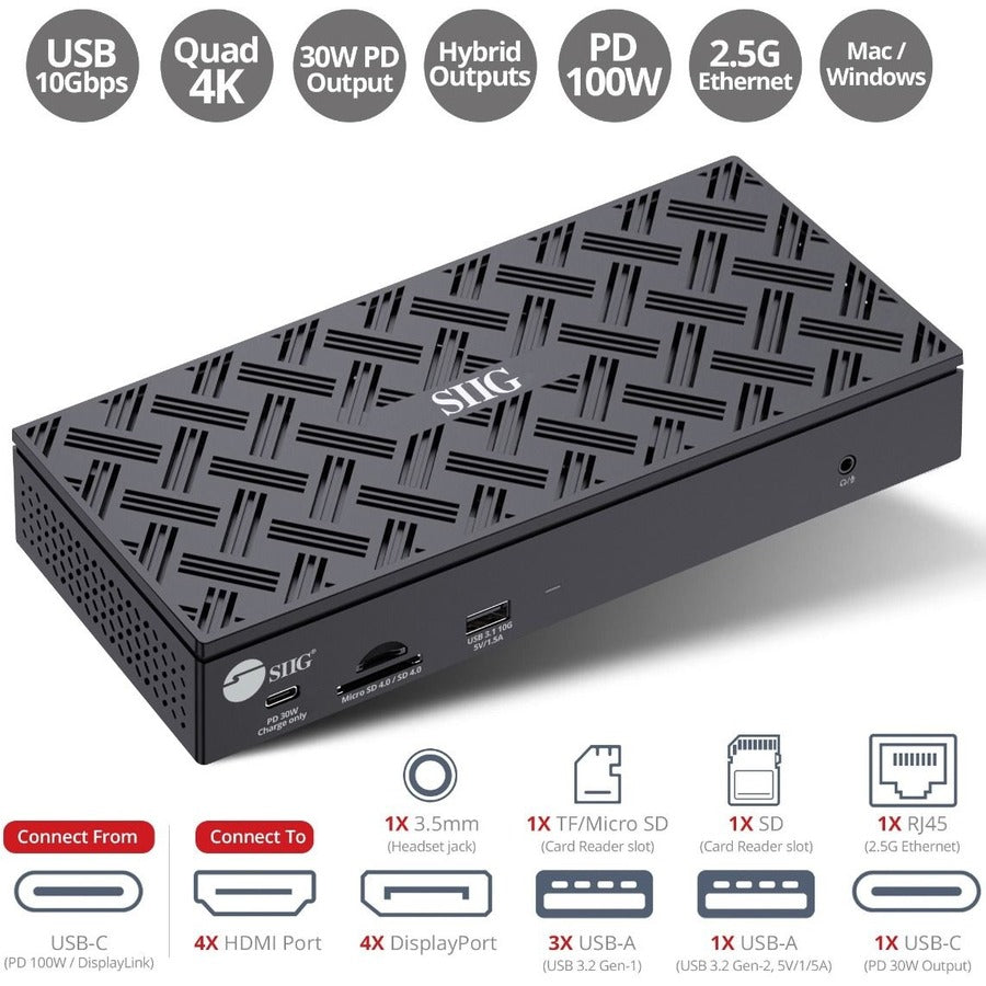 SIIG USB-C Quad Hybrid 4K Video Docking Station with 100W PD JU-DK0Q11-S1