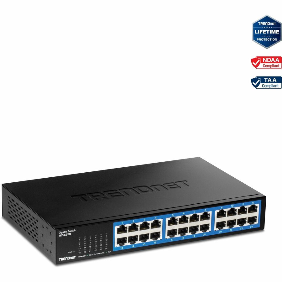 TRENDnet 24-Port Gigabit Switch, TEG-S25, 24 x Gigabit RJ-45 Ports, 48Gbps Switching Capacity, Fanless Design, Metal Enclosure, Internal Power Supply, Lifetime Protection, Black TEG-S25D