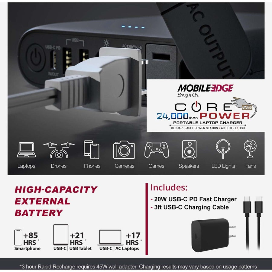 Mobile Edge CORE Power 24,000mAh AC/USB Laptop Power Charger MEACL24000