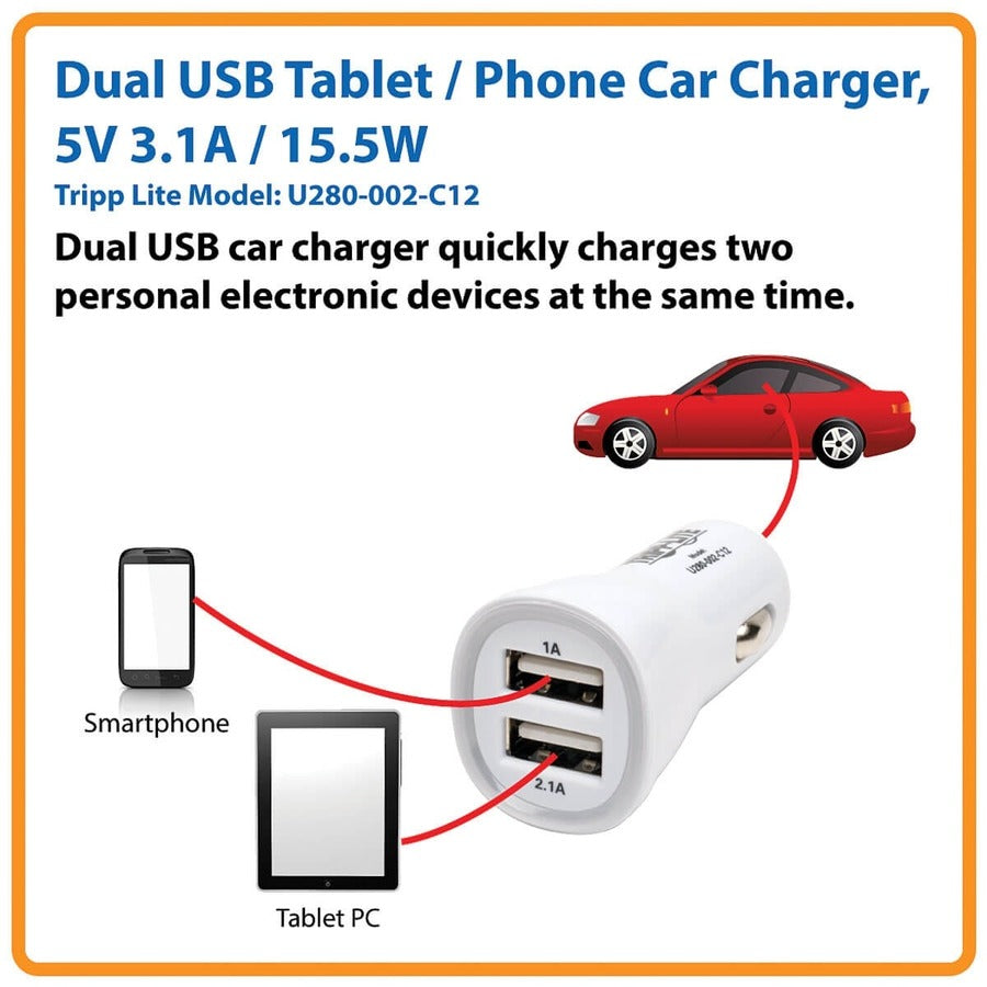 Tripp Lite by Eaton Dual-Port USB Tablet / Phone Car Charger, 5V 3.1A / 15.5W U280-002-C12