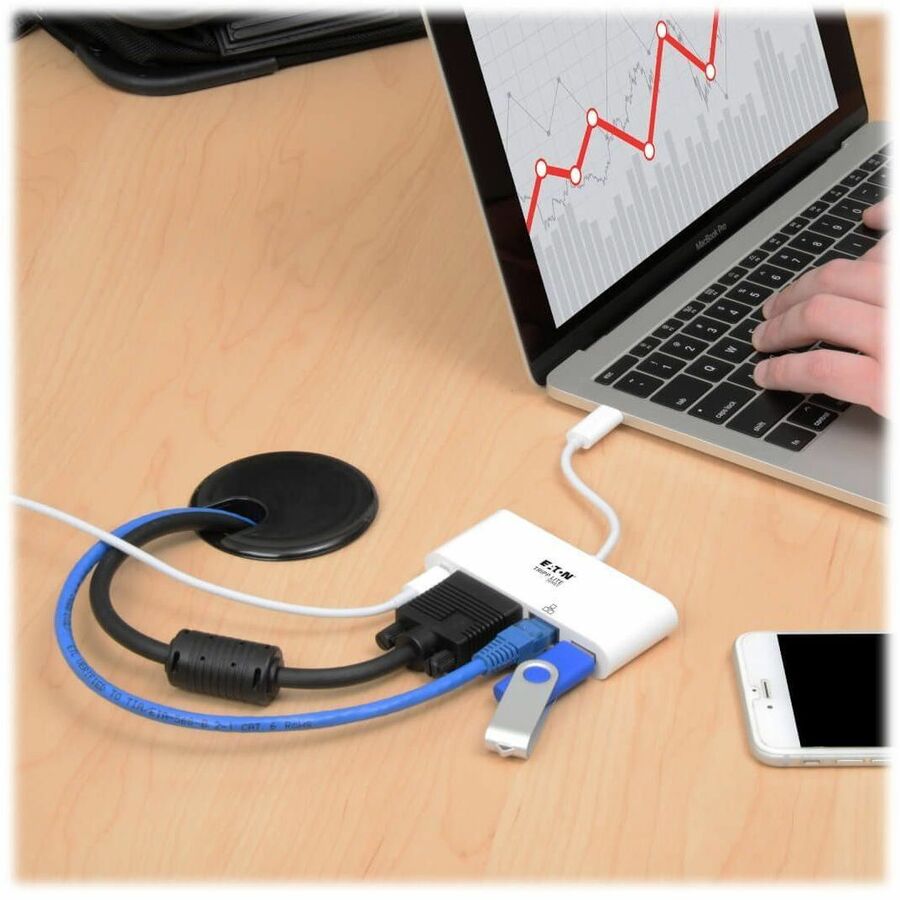 Eaton Tripp Lite Series USB-C Multiport Adapter, VGA, USB 3.x (5Gbps) Hub Port, Gigabit Ethernet and 60W PD Charging, White U444-06N-VGU-C