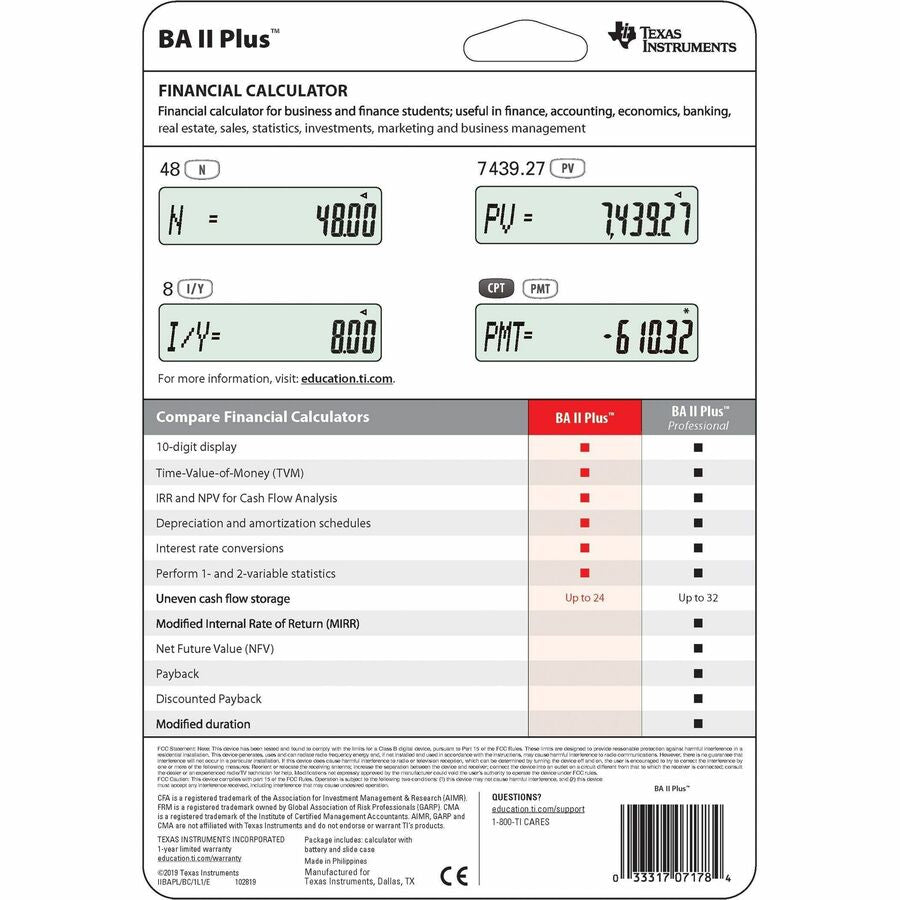 Texas Instruments BA II Plus Financial Calculator IIBAPL/TBL/1L1
