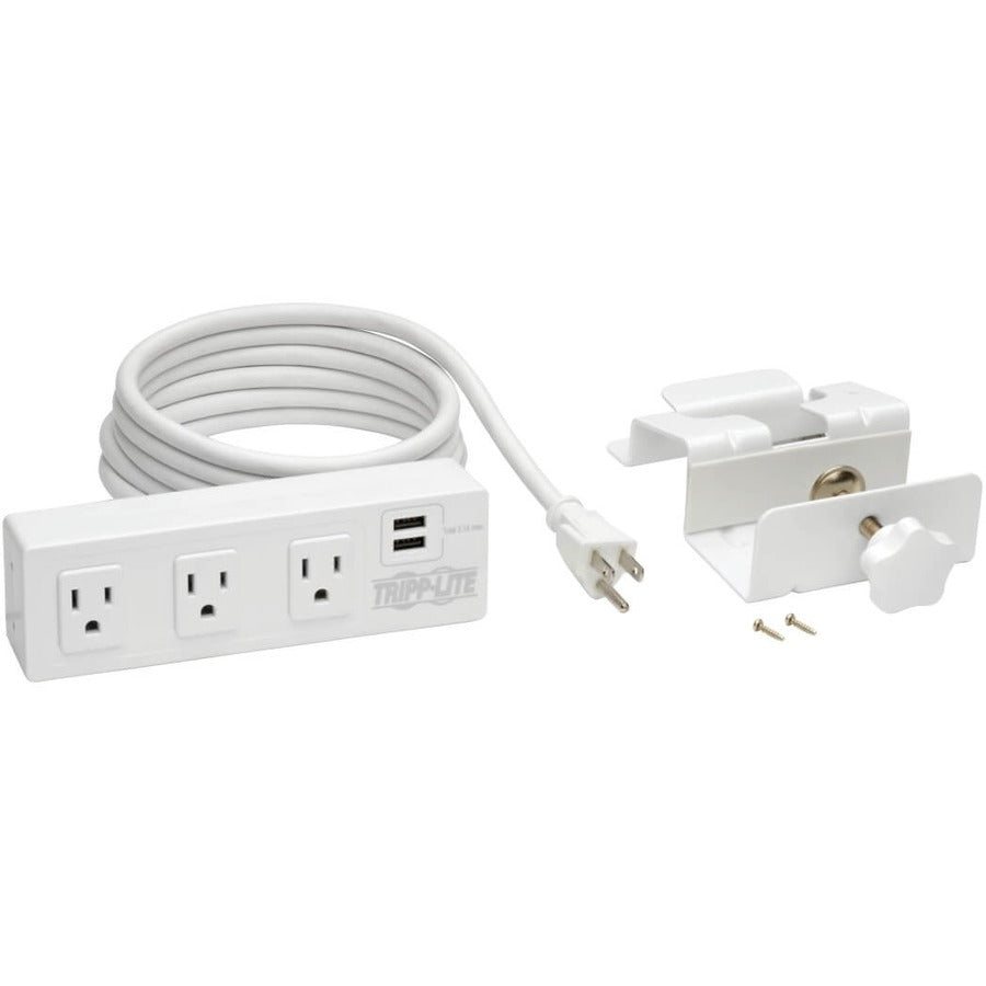 Tripp Lite by Eaton 3-Outlet Surge Protector with 2 USB Ports, 10 ft. (3.05 m) Cord - 510 Joules, Desk Clamp, White Housing TLP310USBCW