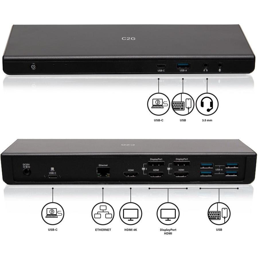 C2G USB C Triple Monitor Docking Station, HDMI, DisplayPort, Ethernet, USB - 85W Power Delivery - TAA Compliant C2G54535