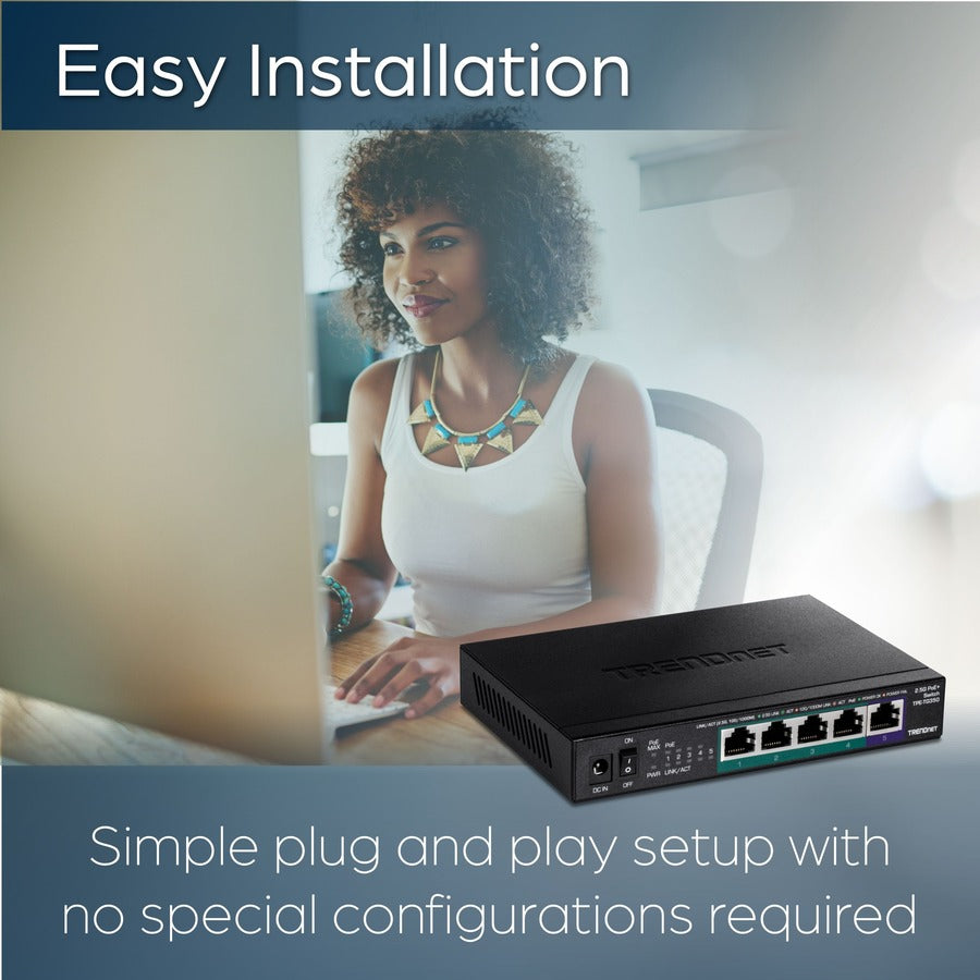 TRENDnet 5-Port Unmanaged 2.5G PoE+ Switch, Fanless, Compact Desktop Design, Metal Housing, 2.5GBASE-T Ports, IEEE 802.3bz, 55W PoE Budget, Lifetime protection, Black, TPE-TG350 TPE-TG350