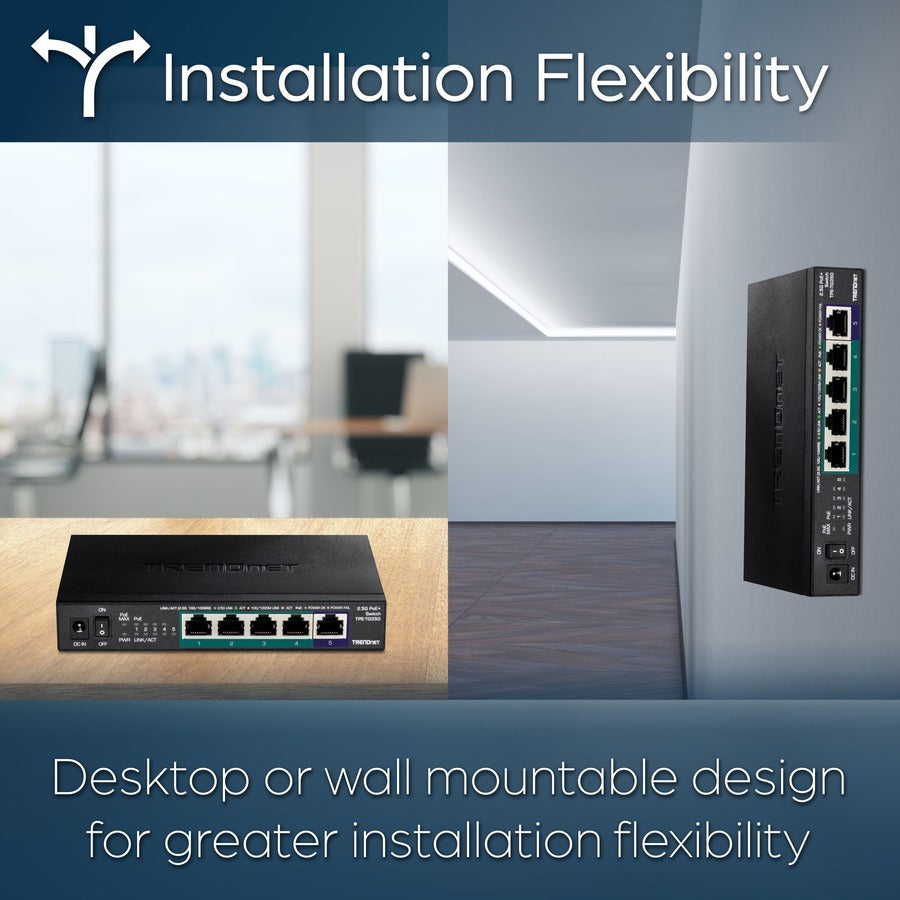 TRENDnet 5-Port Unmanaged 2.5G PoE+ Switch, Fanless, Compact Desktop Design, Metal Housing, 2.5GBASE-T Ports, IEEE 802.3bz, 55W PoE Budget, Lifetime protection, Black, TPE-TG350 TPE-TG350