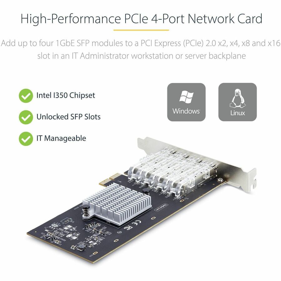 StarTech.com 4-Port GbE SFP Network Card, PCIe 2.0 x2 (x4, x8, x16 Compatible), Intel I350-AM4, Copper/Fiber Optic, Gigabit Ethernet P041GI-NETWORK-CARD