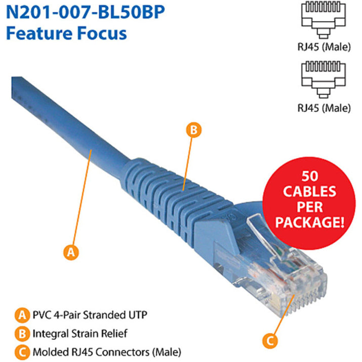 Eaton Tripp Lite Series Cat6 Gigabit Snagless Molded (UTP) Ethernet Cable (RJ45 M/M), PoE, Blue, 7 ft. (2.13 m), 50-Piece Bulk Pack N201-007-BL50BP