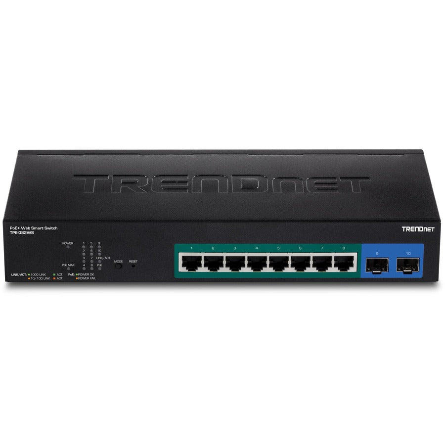 TRENDnet 10-Port Gigabit Web Smart PoE+ Switch, 8 x Gigabit PoE+ Ports, 2 x SFP Slots, Vlan, QoS, IPv6 Support, 20Gbps Switching Capacity, 75W PoE Power Budget, Lifetime Protection, Black, TPE-082WS TPE-082WS
