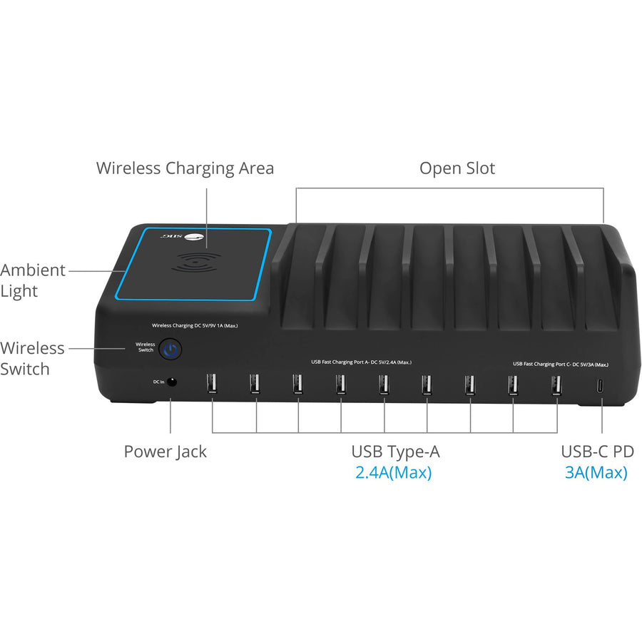 SIIG 10-Port USB-A/C & Wireless Charging Station With Ambient Light Deck AC-PW1H11-S1