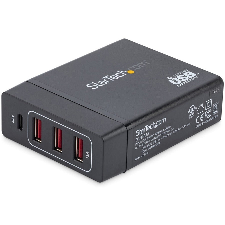 StarTech.com USB-C Charging Station, 72W, 1x USB-C + 3x USB-A, Portable Charger with PD, Laptop Replacement Charger, USB-C Power Adapter DCH1C3A