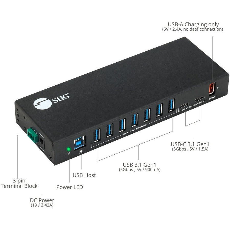 SIIG 10 Port Industrial USB 3.1 Gen 1 Hub with Dual USB-C & 65W Charging ID-US0811-S1