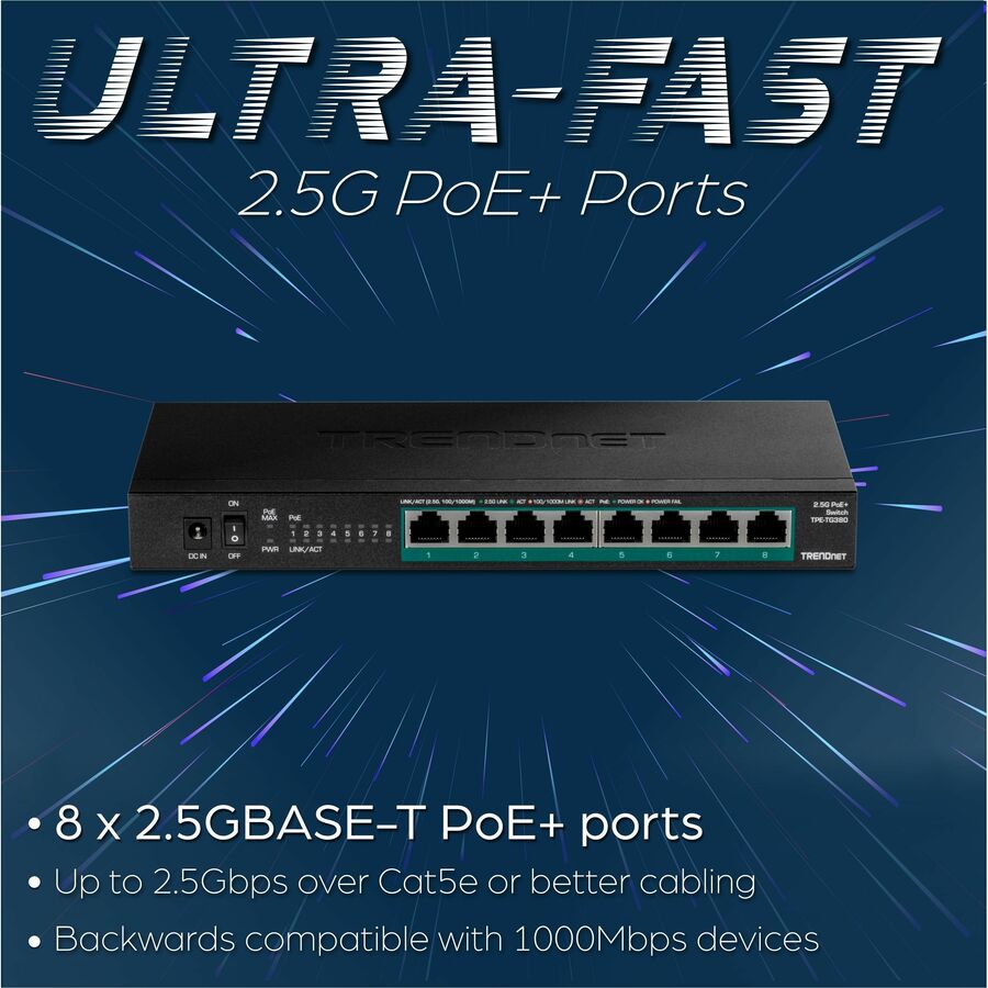 TRENDnet 8-Port Unmanaged 2.5G PoE+ Switch, Fanless, Compact Desktop Design, Metal Housing, 2.5GBASE-T Ports, IEEE 802.3bz, 100W PoE Budget, Lifetime Protection, Black, TPE-TG380 TPE-TG380
