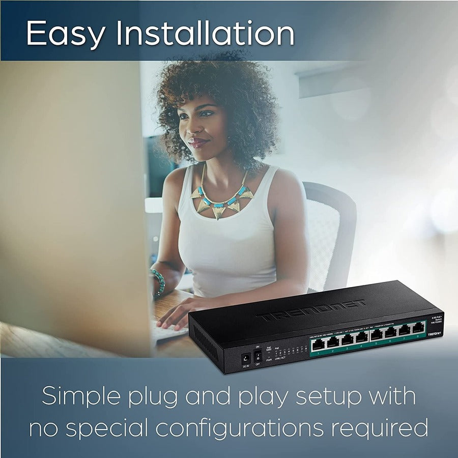 TRENDnet 8-Port Unmanaged 2.5G PoE+ Switch, Fanless, Compact Desktop Design, Metal Housing, 2.5GBASE-T Ports, IEEE 802.3bz, 100W PoE Budget, Lifetime Protection, Black, TPE-TG380 TPE-TG380