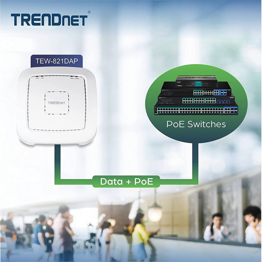 TRENDnet AC1200 Dual Band PoE Indoor Access Point, MU-MIMO, 867 Mbps WiFi AC, 300 Mbps WiFi N Bands, Client Bridge, Repeater Modes, Gigabit PoE LAN Port, Captive Portal For Hotspot, White, TEW-821DAP TEW-821DAP