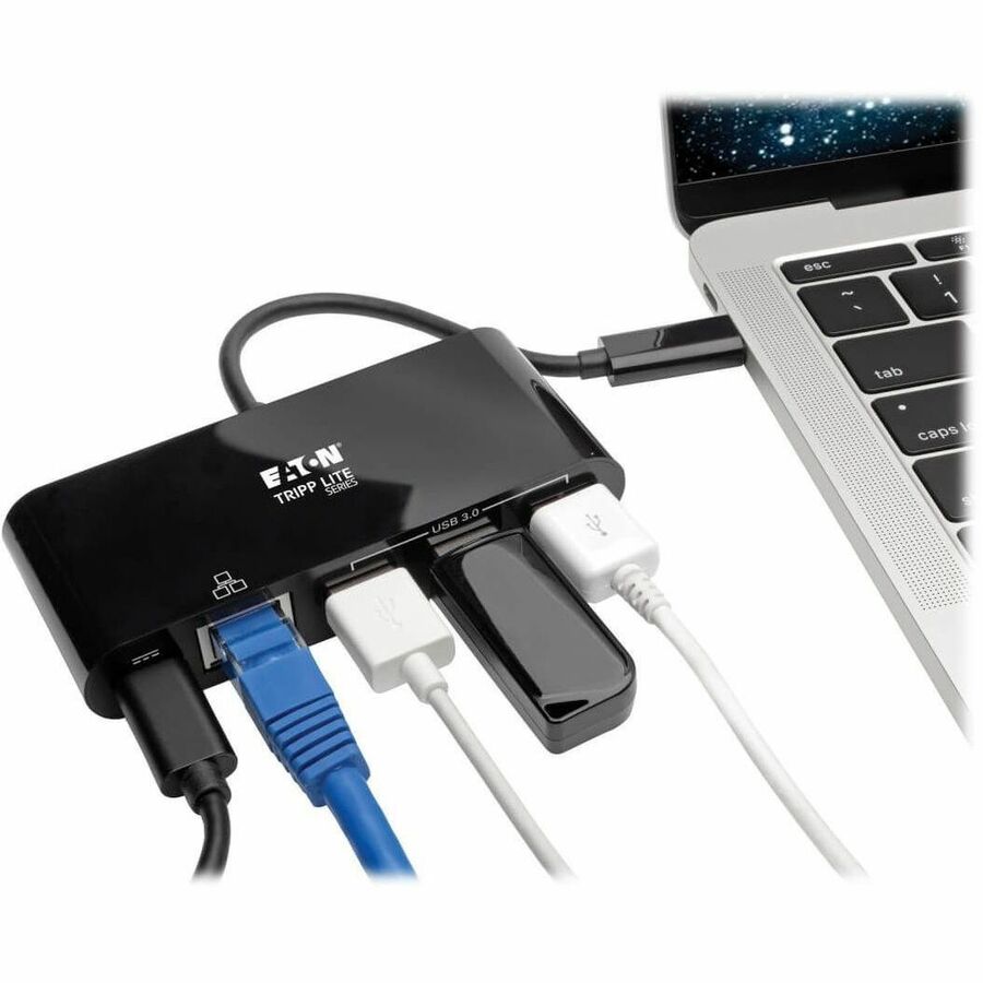 Eaton Tripp Lite Series 3-Port USB-C Hub - USB 3.x (5Gpbs) Hub Ports, Gigabit Ethernet, 60W PD Charging, Black U460-003-3AGB-C