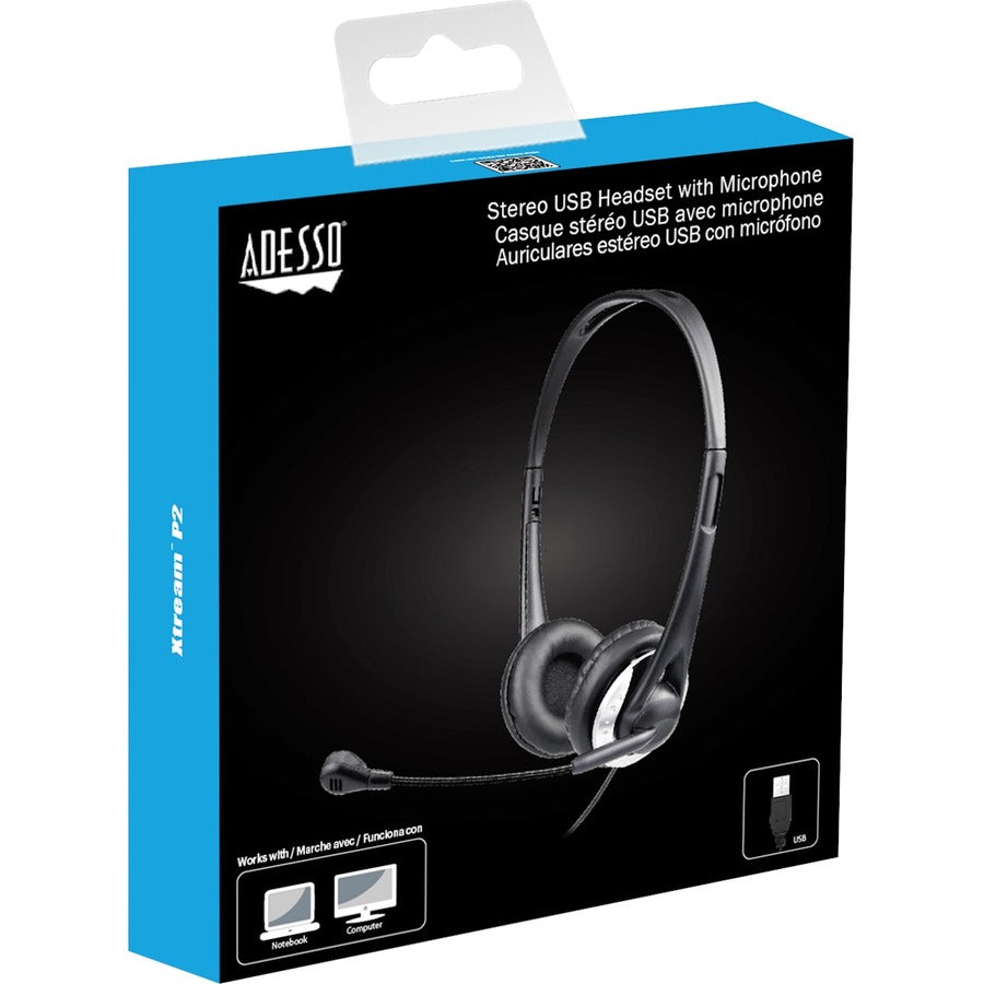 Adesso USB Stereo Headset with Adjustable Microphone- Noise Cancelling- Mono - USB - Wired - Over-the-head - 6 ft Cable -, Omni-directional Microphone - Black XTREAM P2