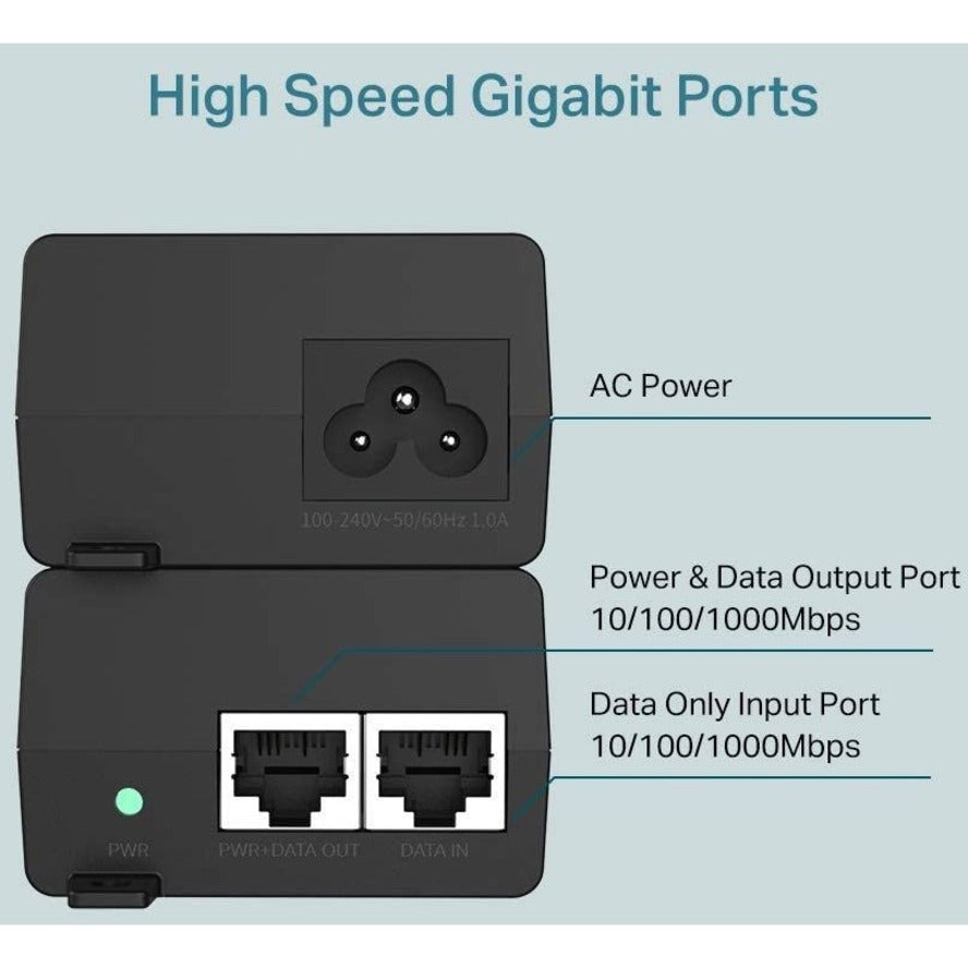 TP-LINK TL-PoE160S - 802.3at/af Gigabit PoE Injector - Non-PoE to PoE Adapter - Supplies PoE (15.4W) or PoE+ (30W) - Plug & Play - Desktop/Wall-Mount - Distance Up to 328 ft. - UL Certified - Black TL-POE160S