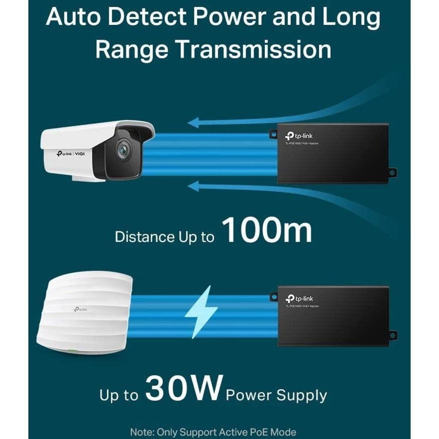 TP-LINK TL-PoE160S - 802.3at/af Gigabit PoE Injector - Non-PoE to PoE Adapter - Supplies PoE (15.4W) or PoE+ (30W) - Plug & Play - Desktop/Wall-Mount - Distance Up to 328 ft. - UL Certified - Black TL-POE160S