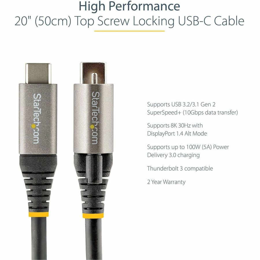 StarTech.com 20in 50cm Top Single Screw Locking USB C Cable 10Gbps, USB 3.1 Type-C Cable, 5A/100W PD, DP Alt Mode, USB-C to C Cord USB31CCTLKV50CM
