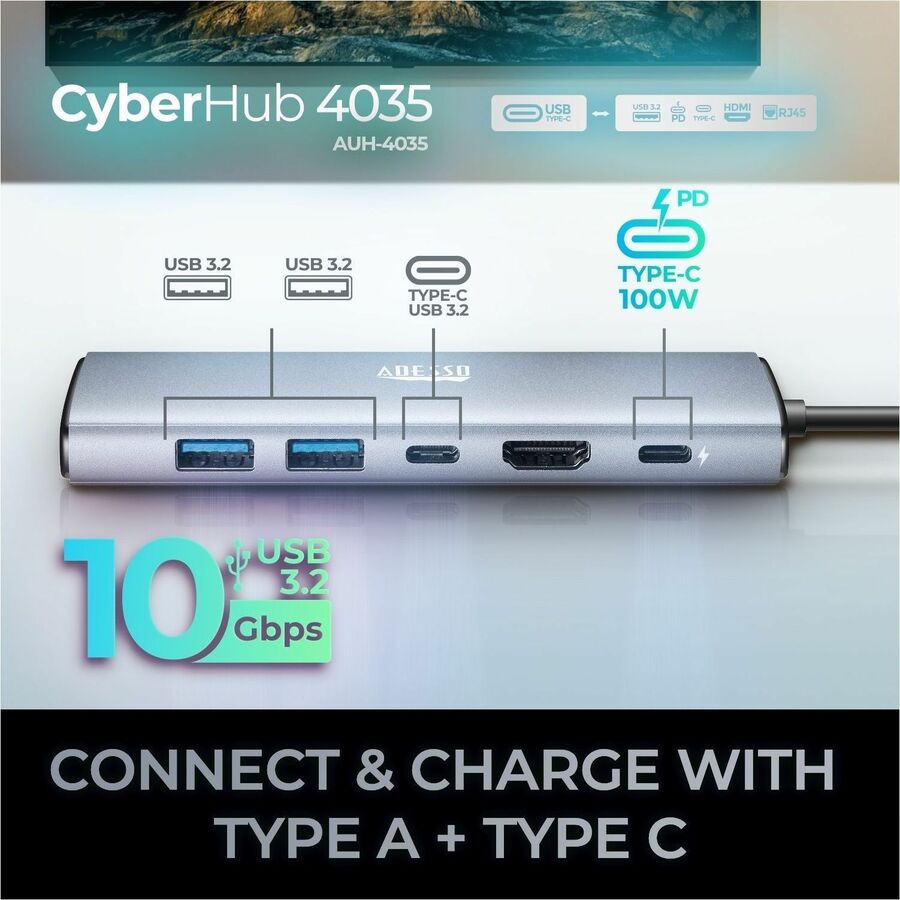 Adesso AUH-4035 7 in 1 Docking Station, Supports USB C to x1 4K HDMI, 3x USB-A 3.2, 1x PD, 1x Micro SD, 1x SD Card AUH-4035