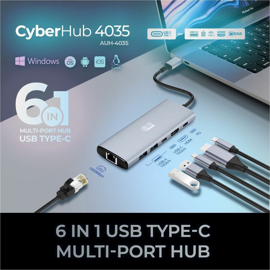 Adesso AUH-4035 7 in 1 Docking Station, Supports USB C to x1 4K HDMI, 3x USB-A 3.2, 1x PD, 1x Micro SD, 1x SD Card AUH-4035