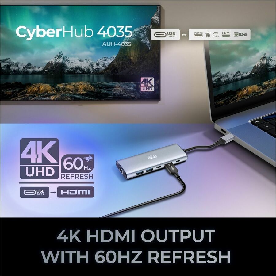 Adesso AUH-4035 7 in 1 Docking Station, Supports USB C to x1 4K HDMI, 3x USB-A 3.2, 1x PD, 1x Micro SD, 1x SD Card AUH-4035