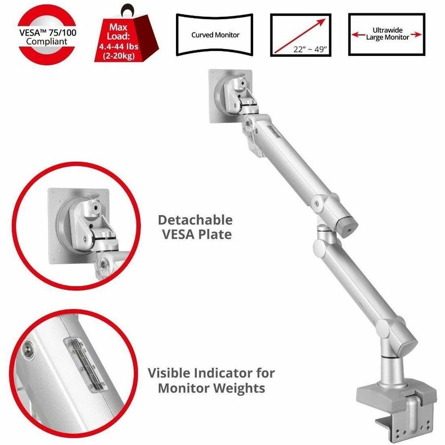 SIIG MTPRO Heavy Duty Desk Mount Single Monitor Arm - Up to 49"- Max load up to 44 lbs - VESA 75 & 100mm CE-MT3V11-S1