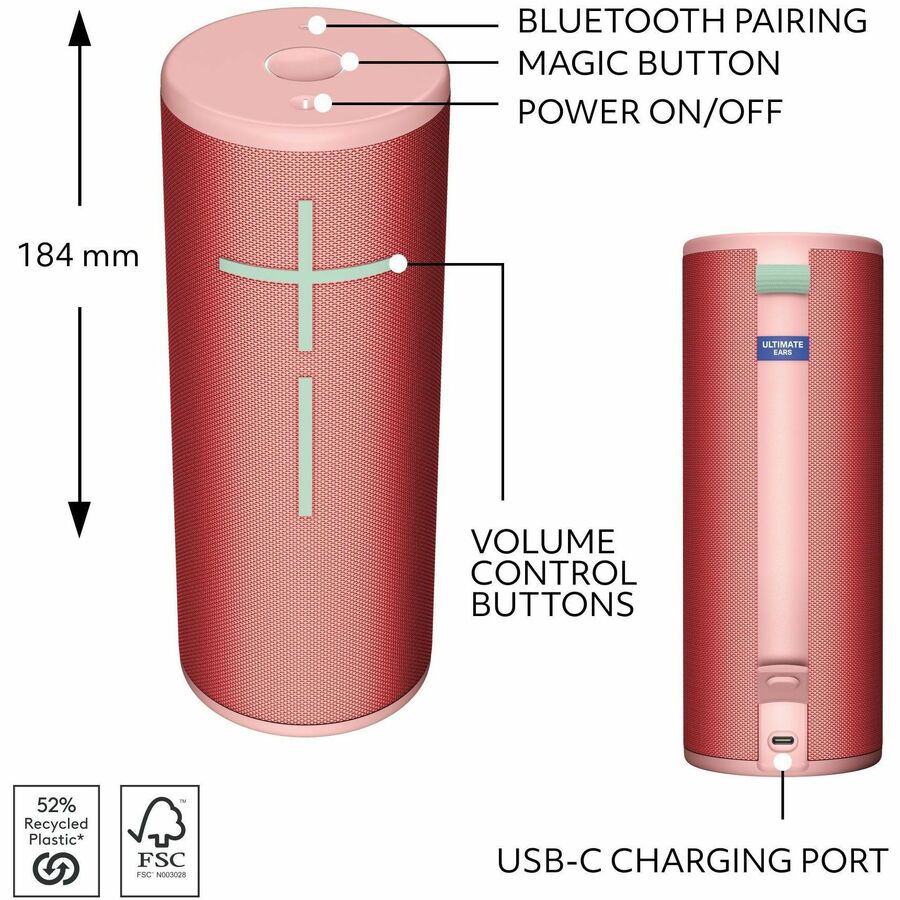 Ultimate Ears BOOM 4 Portable Waterproof Bluetooth Speaker With 360-Degree, Bold, Immersive, Crystal-Clear Sound, Floating Speaker With 15-Hour Battery and 147ft (45m) Range, Red 984-002004