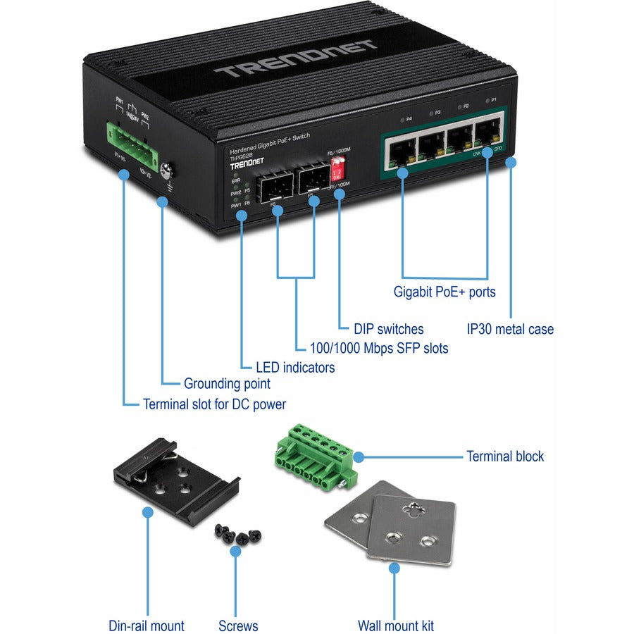 TRENDnet 6-Port Hardened Industrial Unmanaged Gigabit 10/100/1000Mbps DIN-Rail Switch, 4 x Gigabit PoE+ Ports, 2 x Dedicated SFP Slots, Lifetime Protection, Black, TI-PG62B TI-PG62B