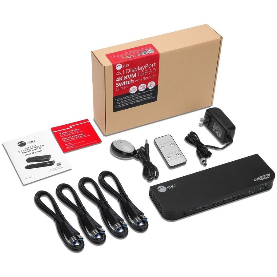 SIIG 4x1 DisplayPort 4K KVM USB 3.0 Switch with Remote Control CE-KV0D11-S1