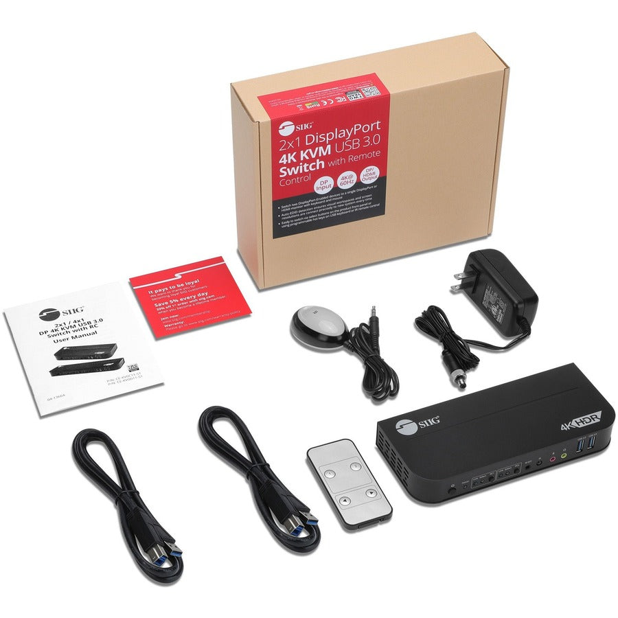 SIIG 2x1 DisplayPort 4K KVM USB 3.0 Switch with Remote Control CE-KV0C11-S1