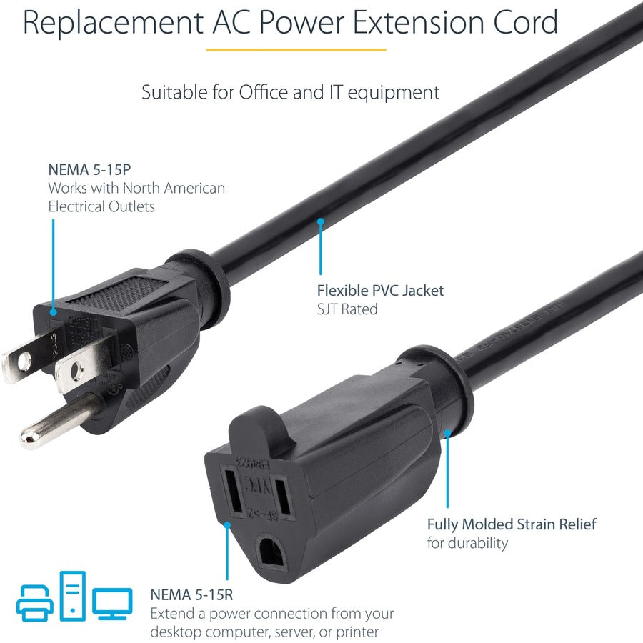 StarTech.com 10ft (3m) Power Extension Cord, NEMA5-15R to NEMA5-15P Black Extension Cord, 13A 125V, 16AWG, Computer Power Extension Cable PAC10110