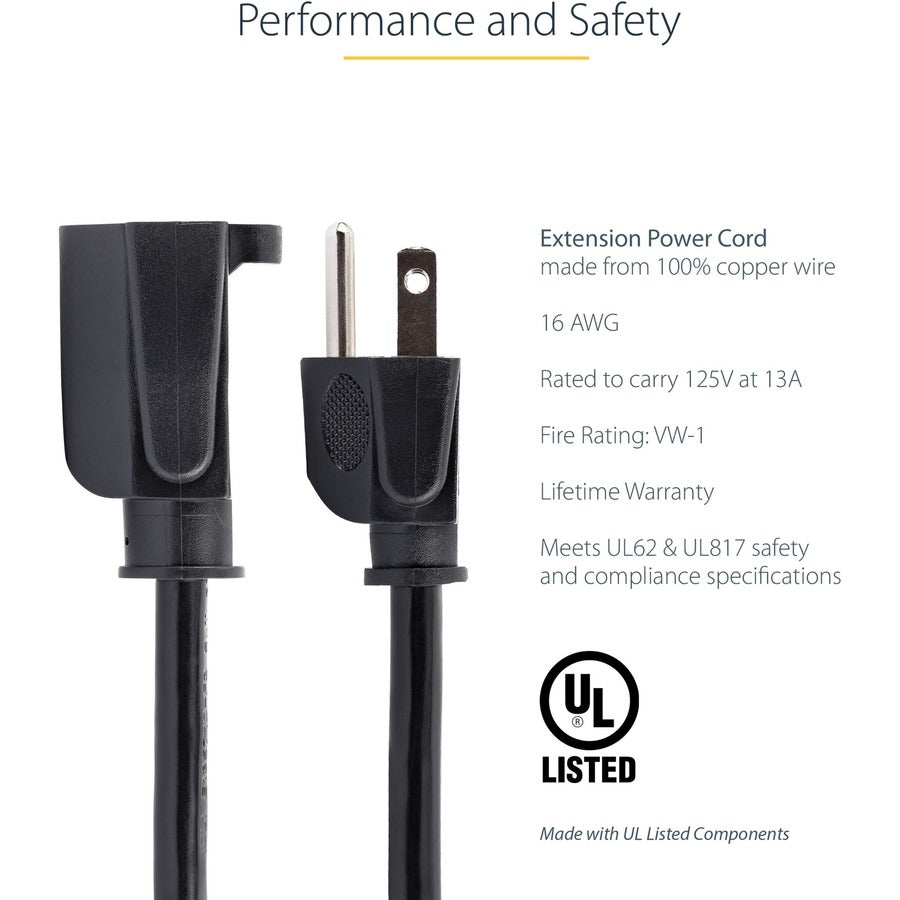 StarTech.com 10ft (3m) Power Extension Cord, NEMA5-15R to NEMA5-15P Black Extension Cord, 13A 125V, 16AWG, Computer Power Extension Cable PAC10110