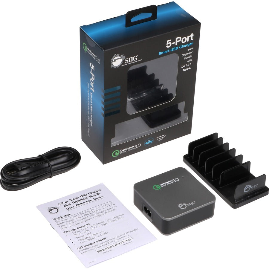 SIIG 5-Port Smart USB Charger plus Organizer Bundle with QC3.0 & USB-C - Black AC-PW1714-S1