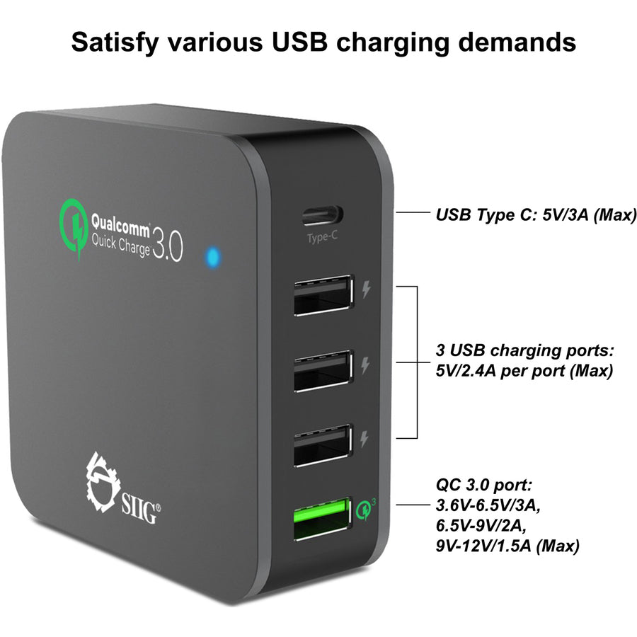 SIIG 5-Port Smart USB Charger plus Organizer Bundle with QC3.0 & USB-C - Black AC-PW1714-S1