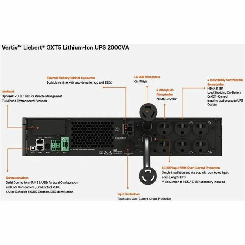 Vertiv Liebert GXT5 Lithium-Ion Online UPS 2000VA/1800W 120V Tower/Rack UPS GXT5LI-2000LVRT2UXL