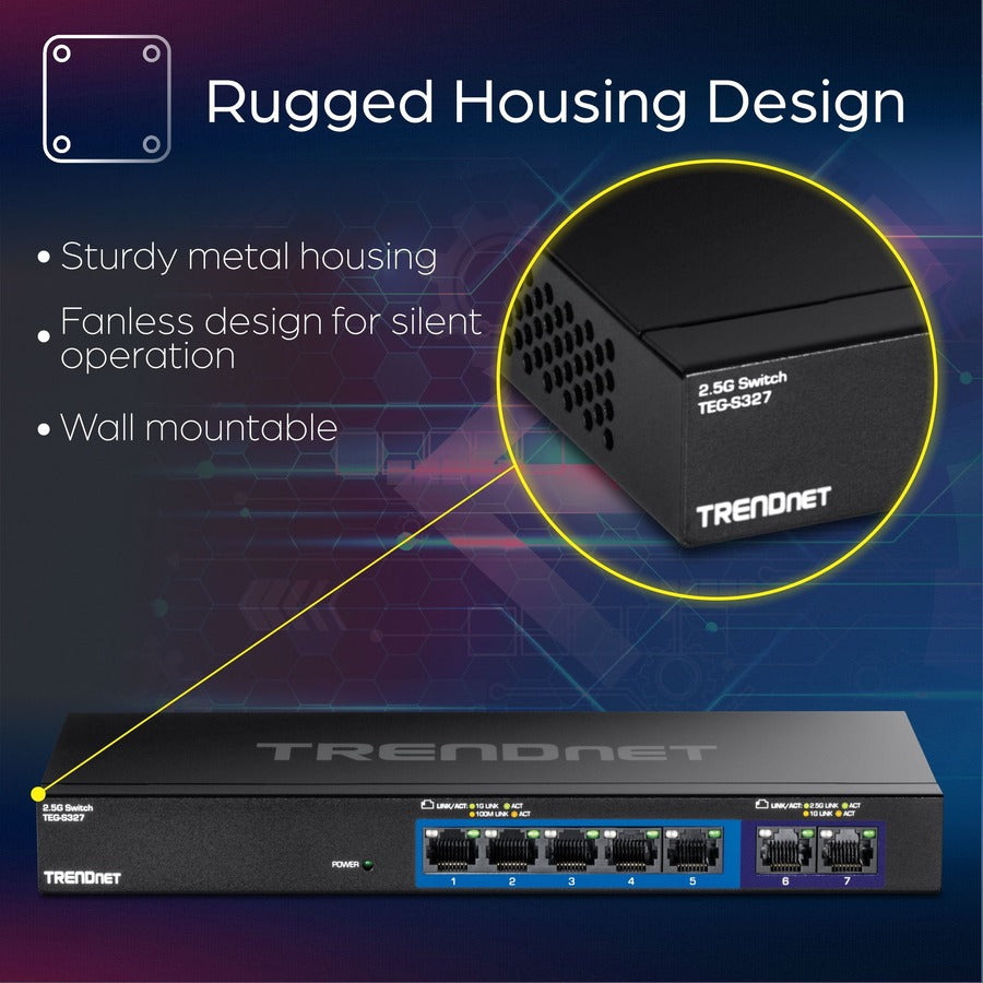 TRENDnet 7-Port Multi-Gig Gaming Switch, TEG-S327, 5 x 1G RJ-45 Base-T Ports, 2 x 2.5G RJ-45 Ports, 20Gbps Switching Capacity, Wall Mountable, Plug & Play, Lifetime Protection, Black TEG-S327