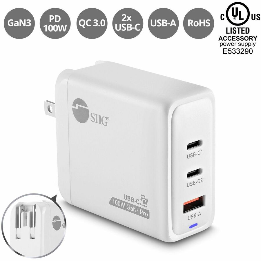 SIIG 100W GaN PD Combo Charger - 2C1A AC-PW1Z11-S1