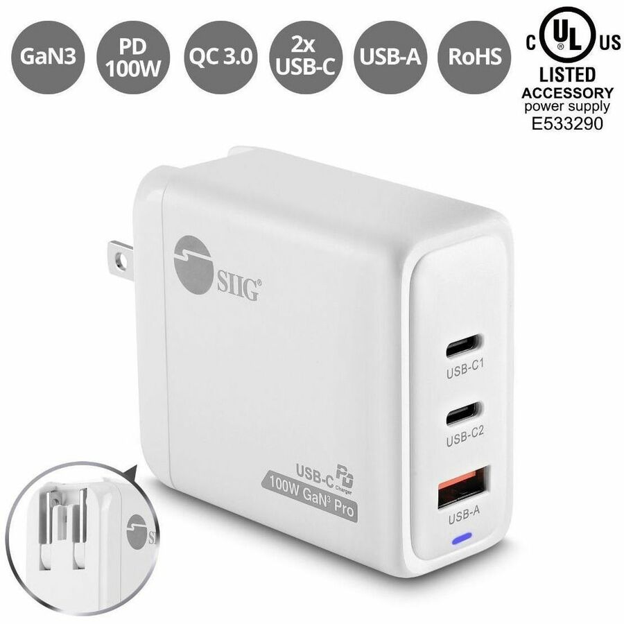 SIIG 100W GaN PD Combo Charger - 2C1A AC-PW1Z11-S1