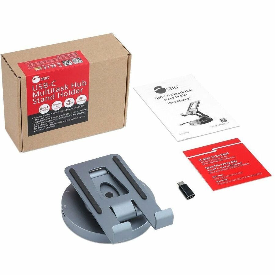 SIIG USB-C Multitask Hub Stand Holder fits under 13" Tablets/Phones - 4K60Hz- PD100W CE-MTDK31-S2