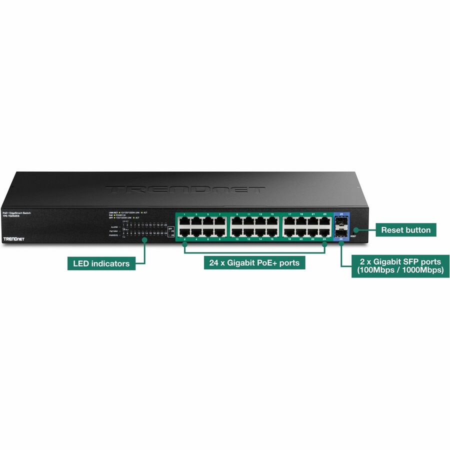 TRENDnet 26-Port Gigabit EdgeSmart PoE+ Switch, TPE TG262ES, 380W PoE Power Budget, 24 x Gigabit PoE+ Ports, 2 x Gigabit SFP Ports, Managed Network Ethernet Switch, Lifetime Protection, Black TPE-TG262ES