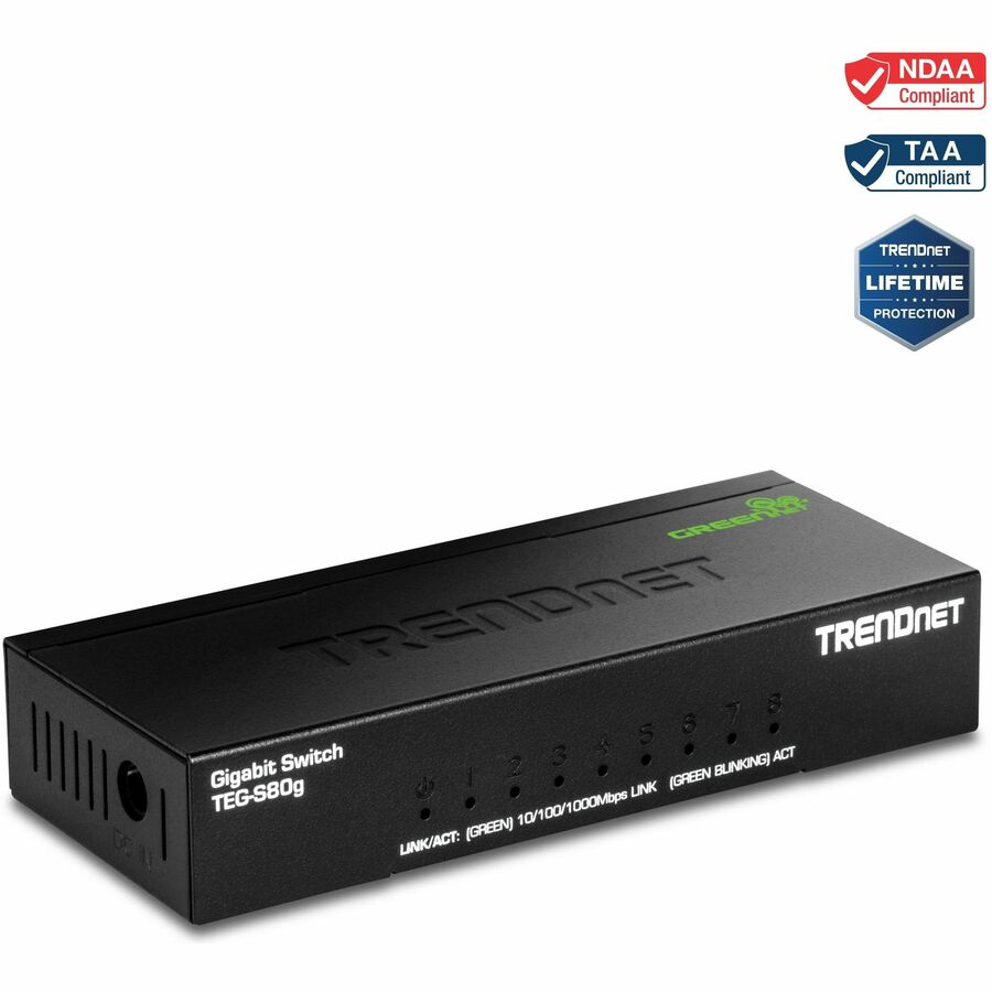 TRENDnet 8-Port Mini Gigabit Switch, TEG-S80g, GREENnet Technology, NDAA + TAA Compliant, Desktop Metal Ethernet Network Switch, 8 x Gigabit Ports, Fanless, Lifetime Protection, Black TEG-S80G