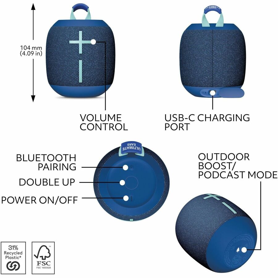 Ultimate Ears WONDERBOOM 4 Portable Waterproof Bluetooth Speaker With Big Bass and 360-Degree Sound, Dustproof Floating Speaker With 131ft (40m) Range, Blue 984-001877
